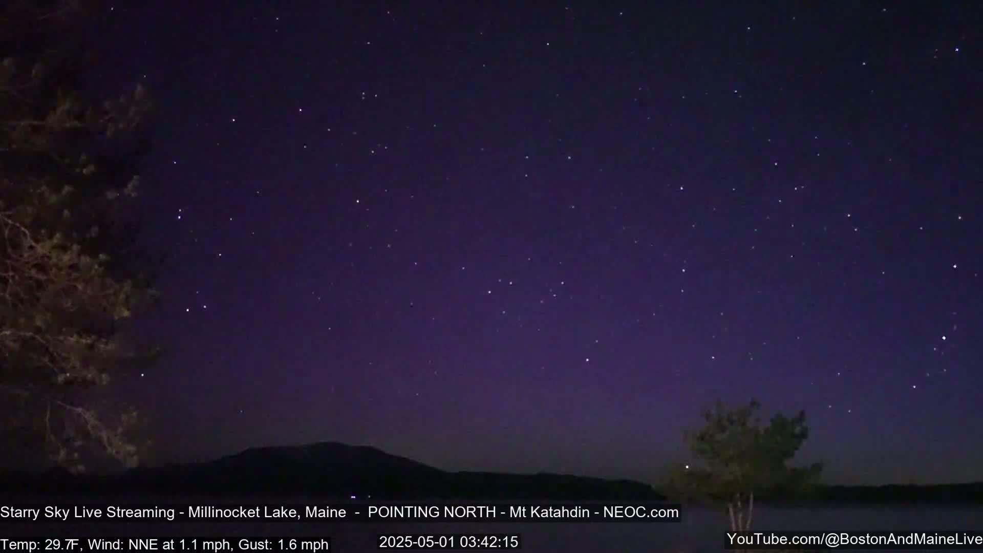 A nighttime scene shows a dark purple sky filled with stars over a calm body of water with a silhouetted mountain and trees in the foreground.
