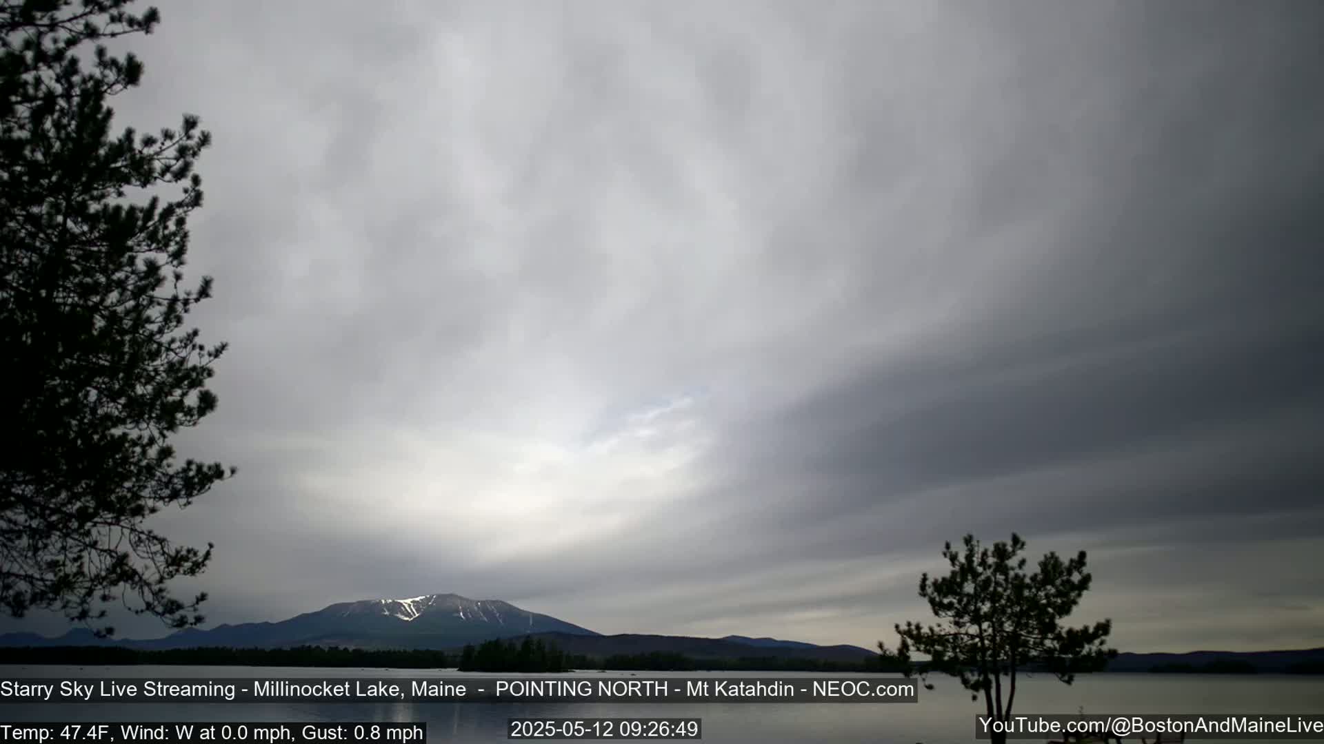 A calm lake is visible beneath an overcast sky, with a mountain range in the distance, partially snow-capped.
