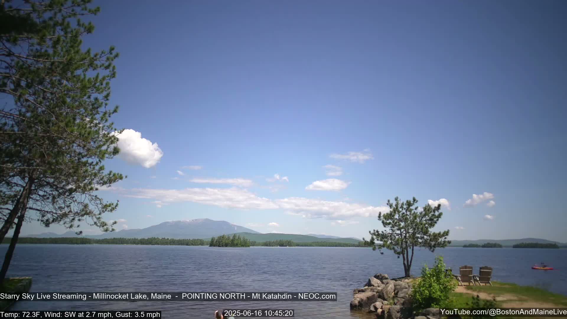 A calm lake with a mountain range in the distance under a mostly clear blue sky with a few fluffy clouds.