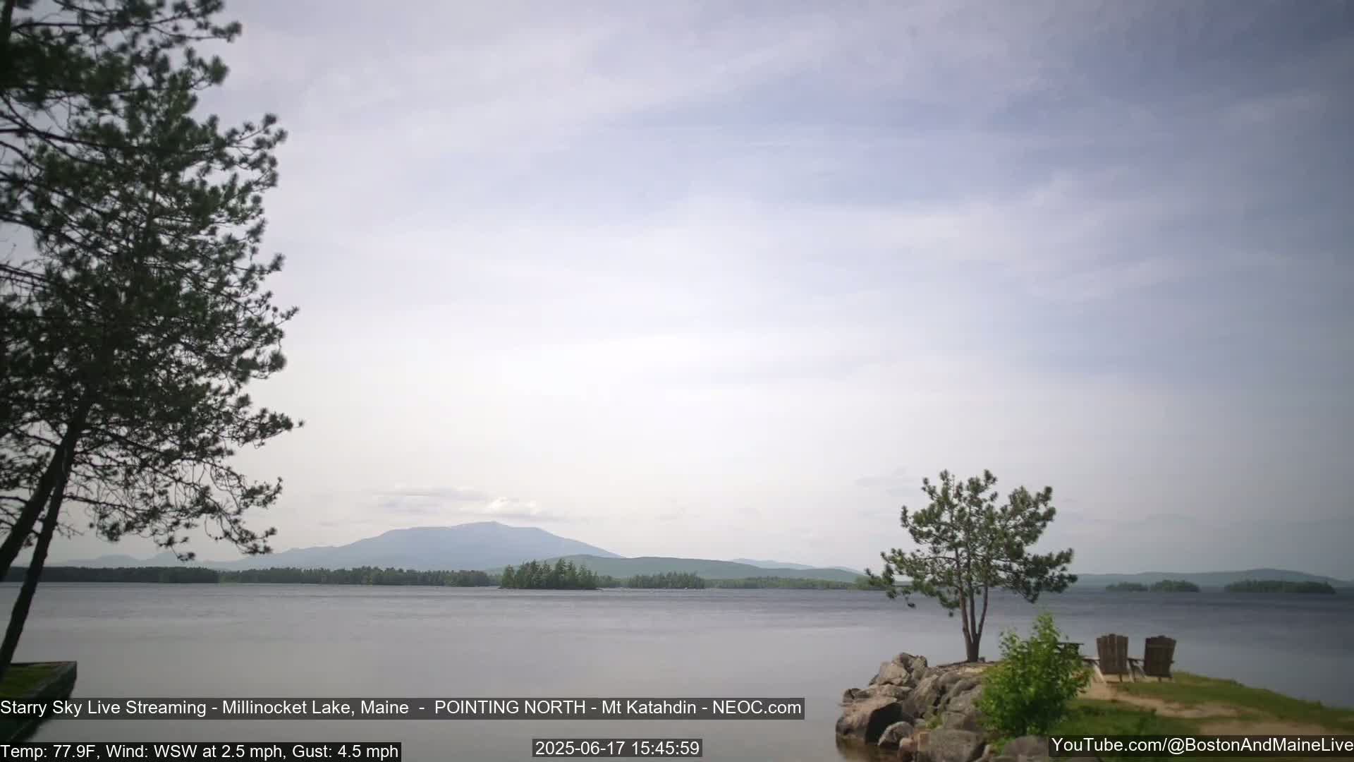 A calm lake with a mountain range in the distance under a mostly cloudy sky.