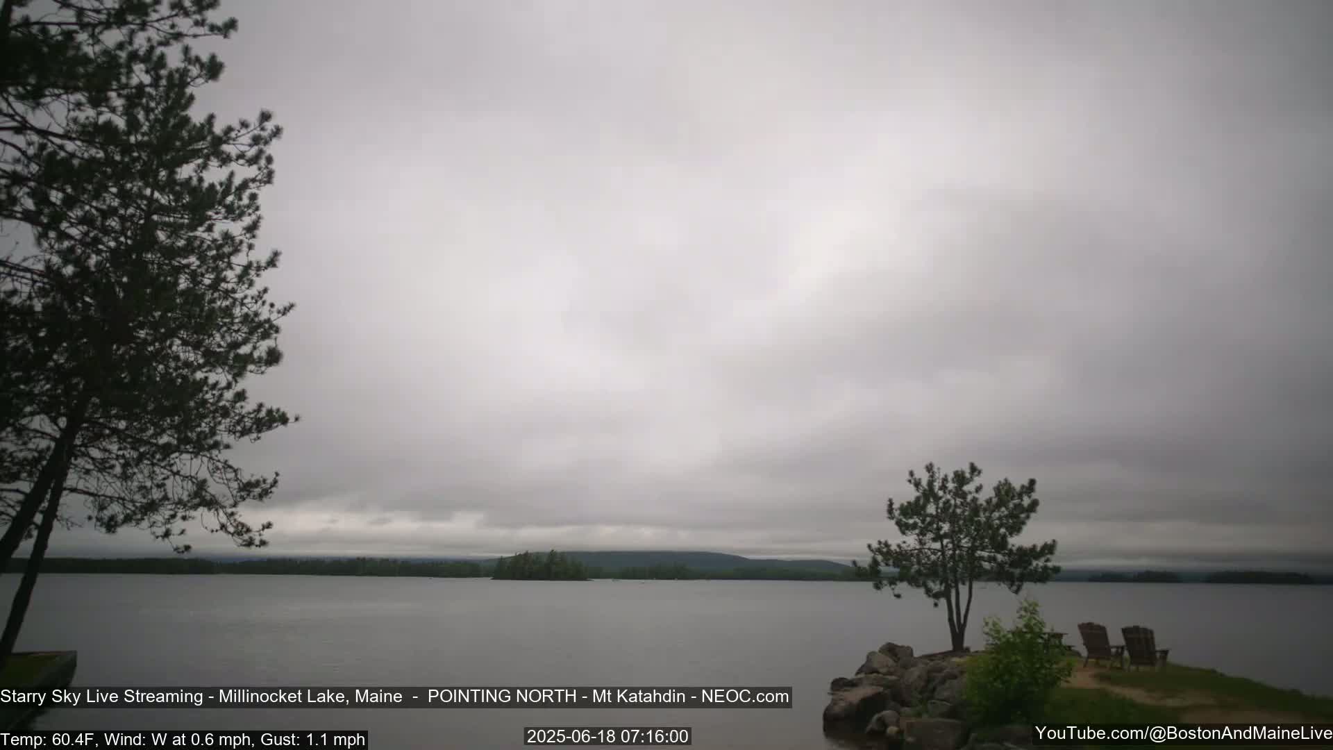 A calm lake under an overcast sky is viewed from a lakeshore, with two chairs situated near a small tree on a rocky outcropping.