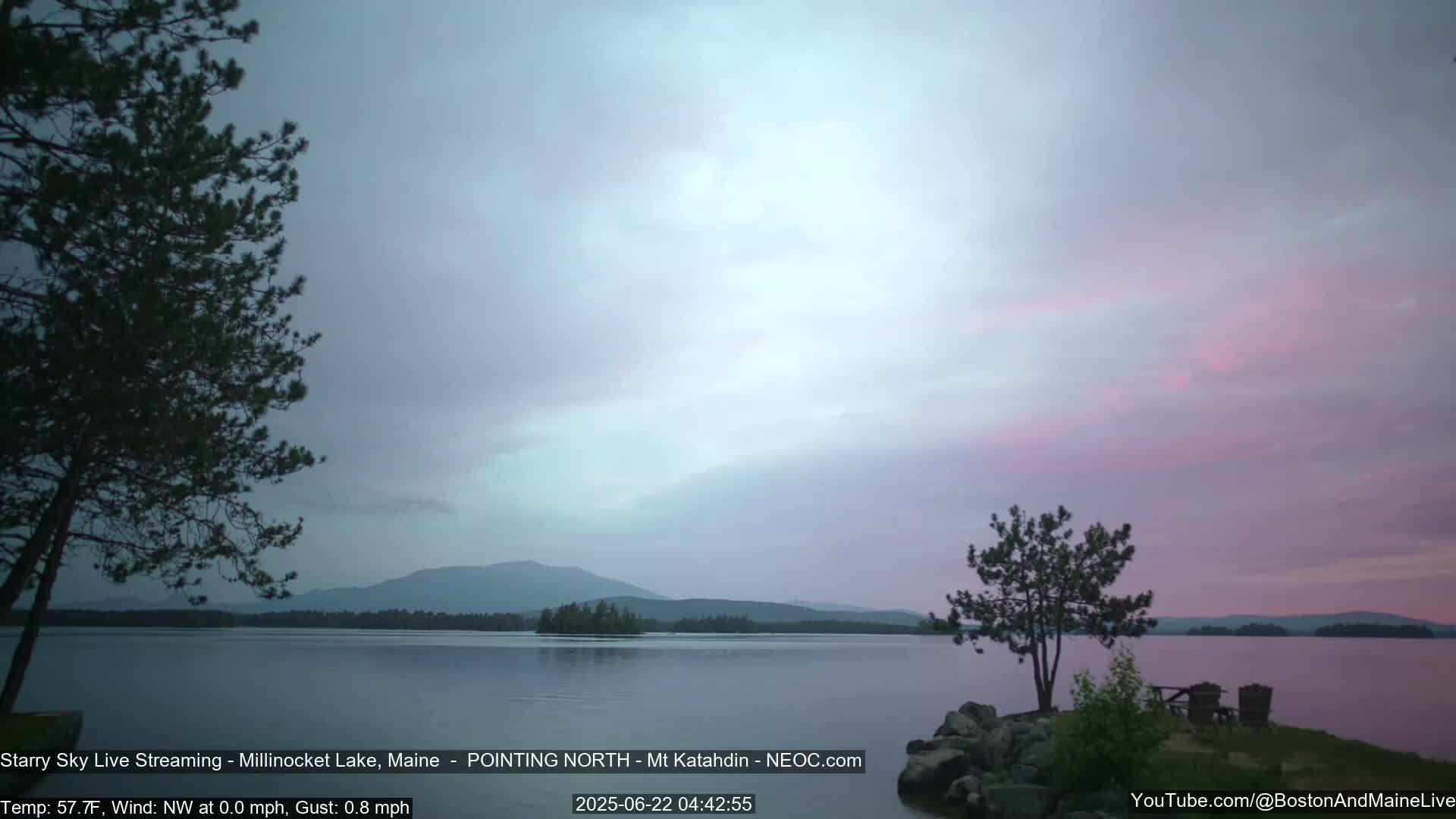 A calm lake with distant mountains is visible under a pale pink and gray twilight sky.