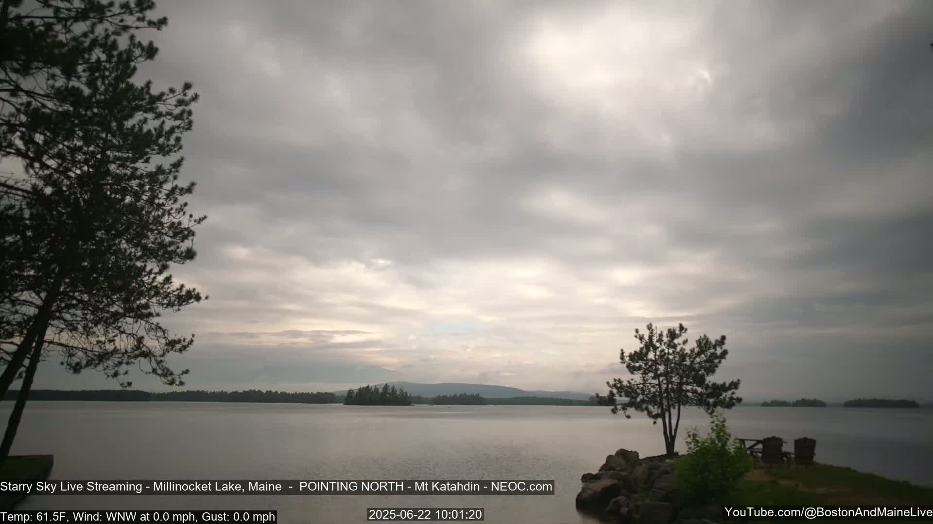 A calm lake is seen under an overcast sky, with dark trees silhouetted against the water and a distant shoreline.