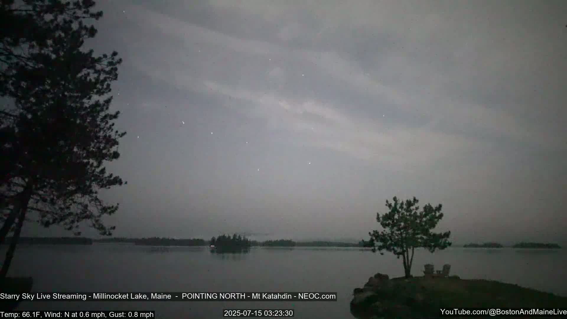 A calm lake at night under a slightly cloudy, starry sky, with a few trees on the shoreline.