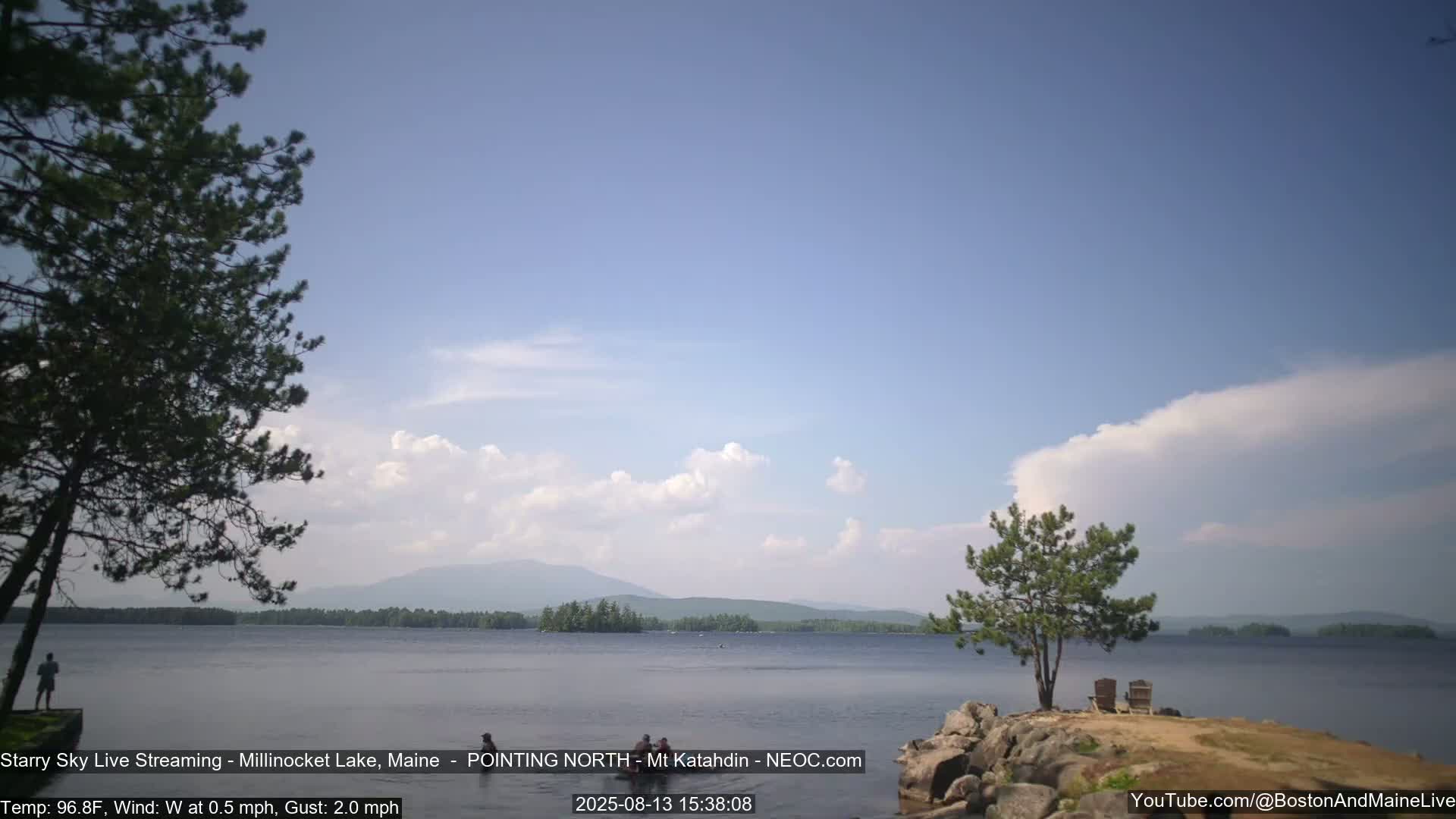 A calm lake with a few people and trees on its shore, mountains in the distance under a mostly clear sky with some scattered clouds.