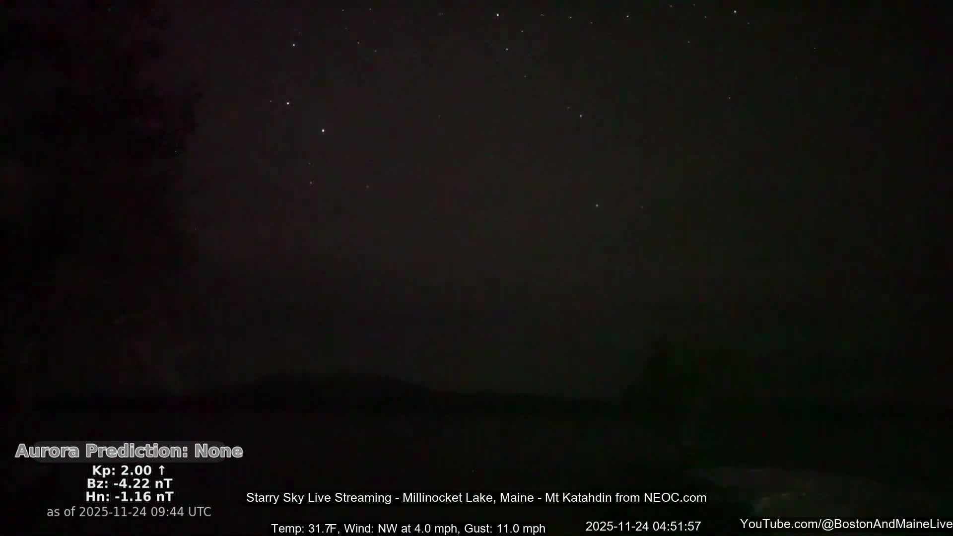 A clear, dark night sky dotted with numerous stars stretches above a low, silhouetted landscape.