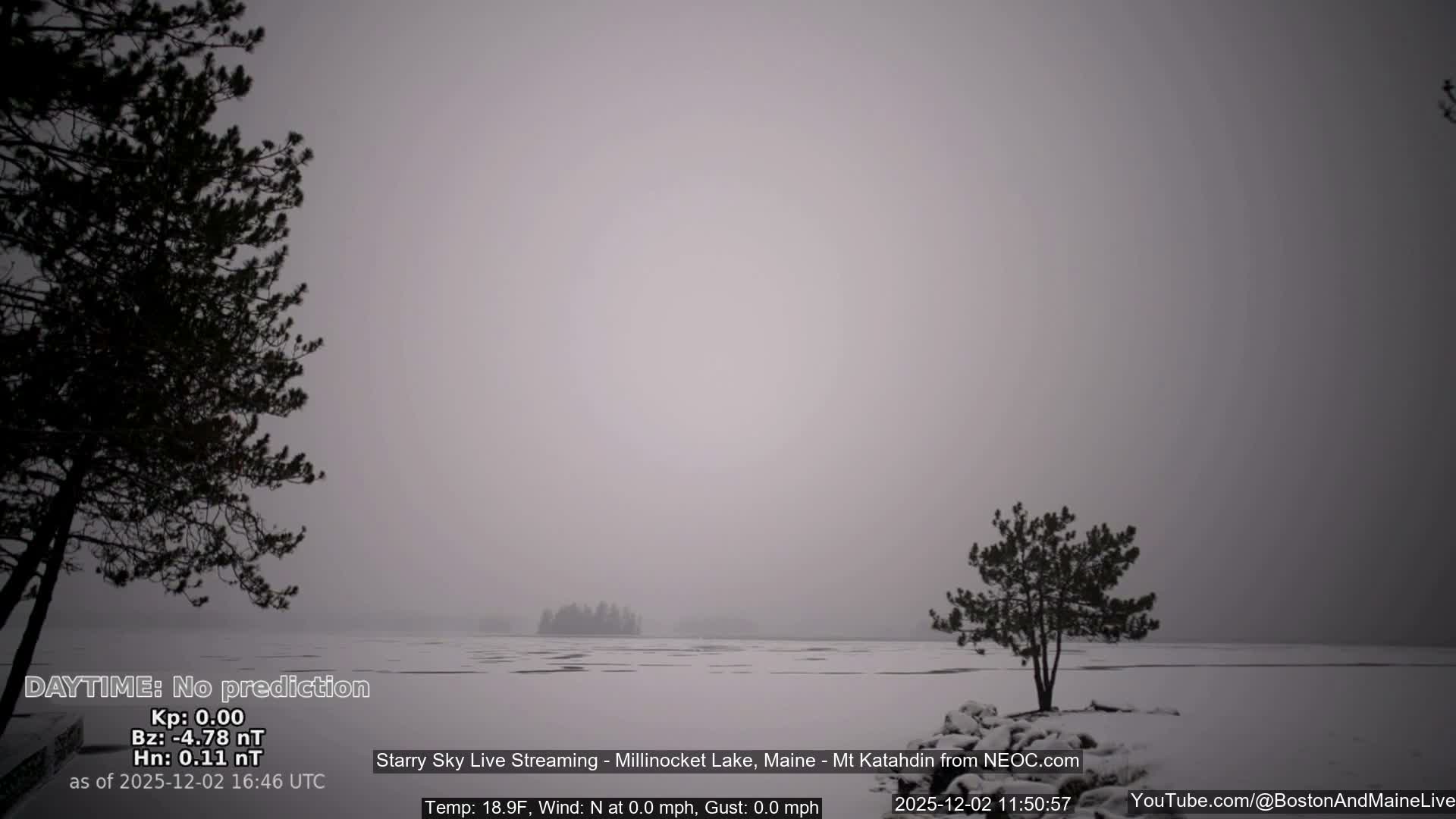 A vast, snow-covered landscape featuring a frozen lake and scattered evergreen trees is visible under a uniformly gray and hazy overcast sky, indicating a cold winter day.
