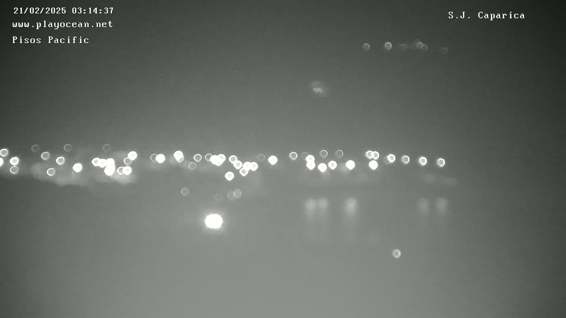 A blurry, out-of-focus nighttime image shows a line of distant lights reflected in dark water under a dark sky.
