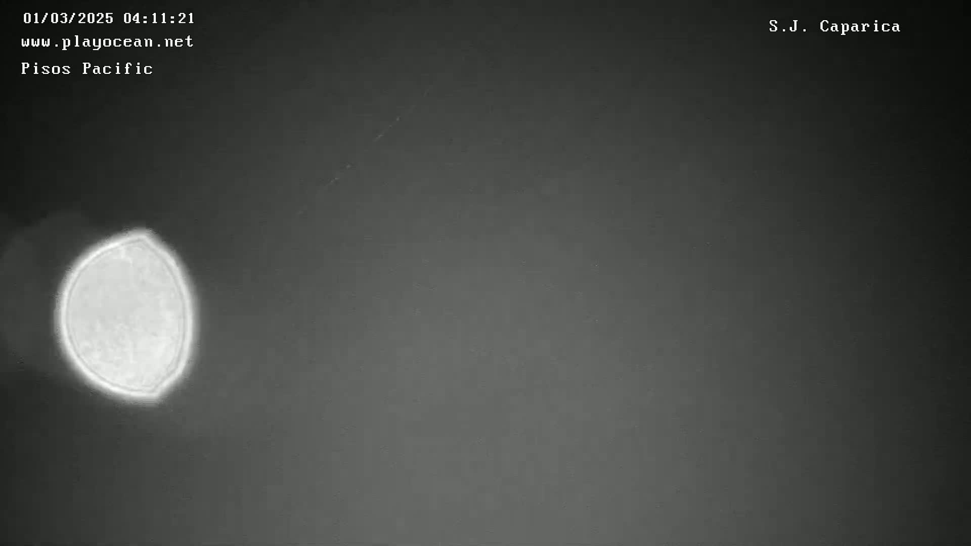 A grayscale image shows a bright, oval-shaped object against a dark, featureless background.