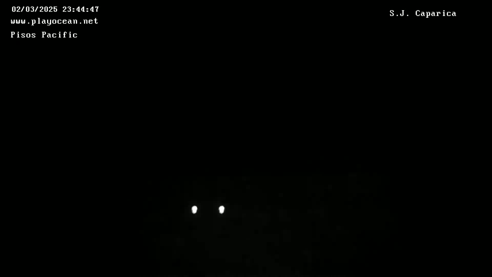 Two small, bright lights are visible in the inky blackness of night.