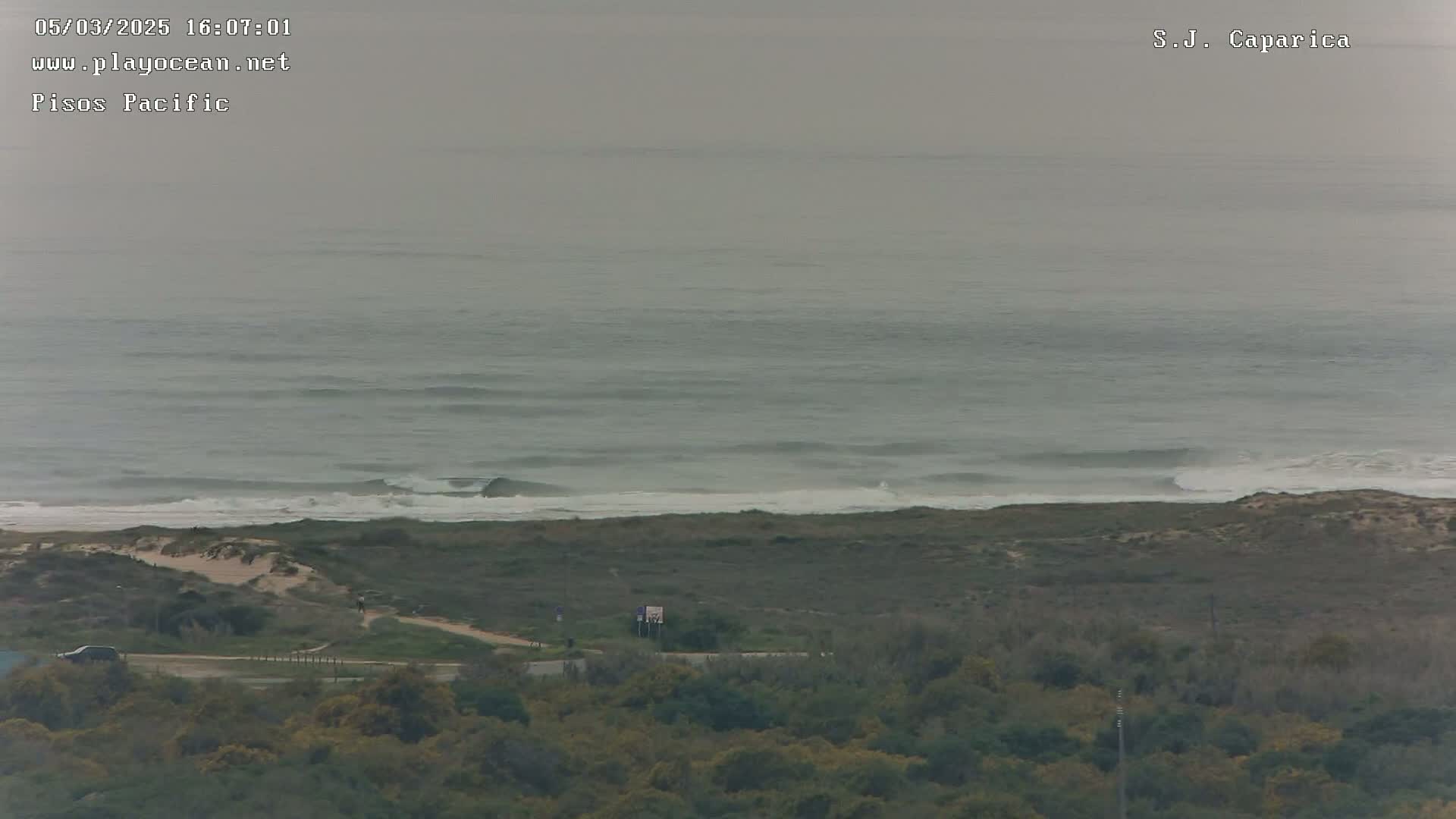 A hazy, overcast day reveals a view of a coastline with waves breaking on a sandy beach, backed by scrubland and vegetation.