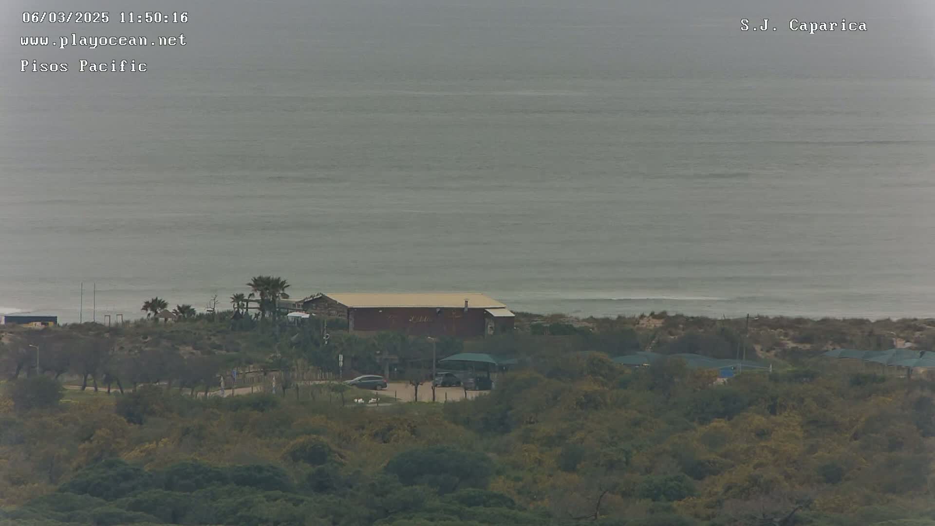 A long-range view shows a gray, overcast day at the ocean, with a building and parking lot nestled in vegetation near a sandy shore.