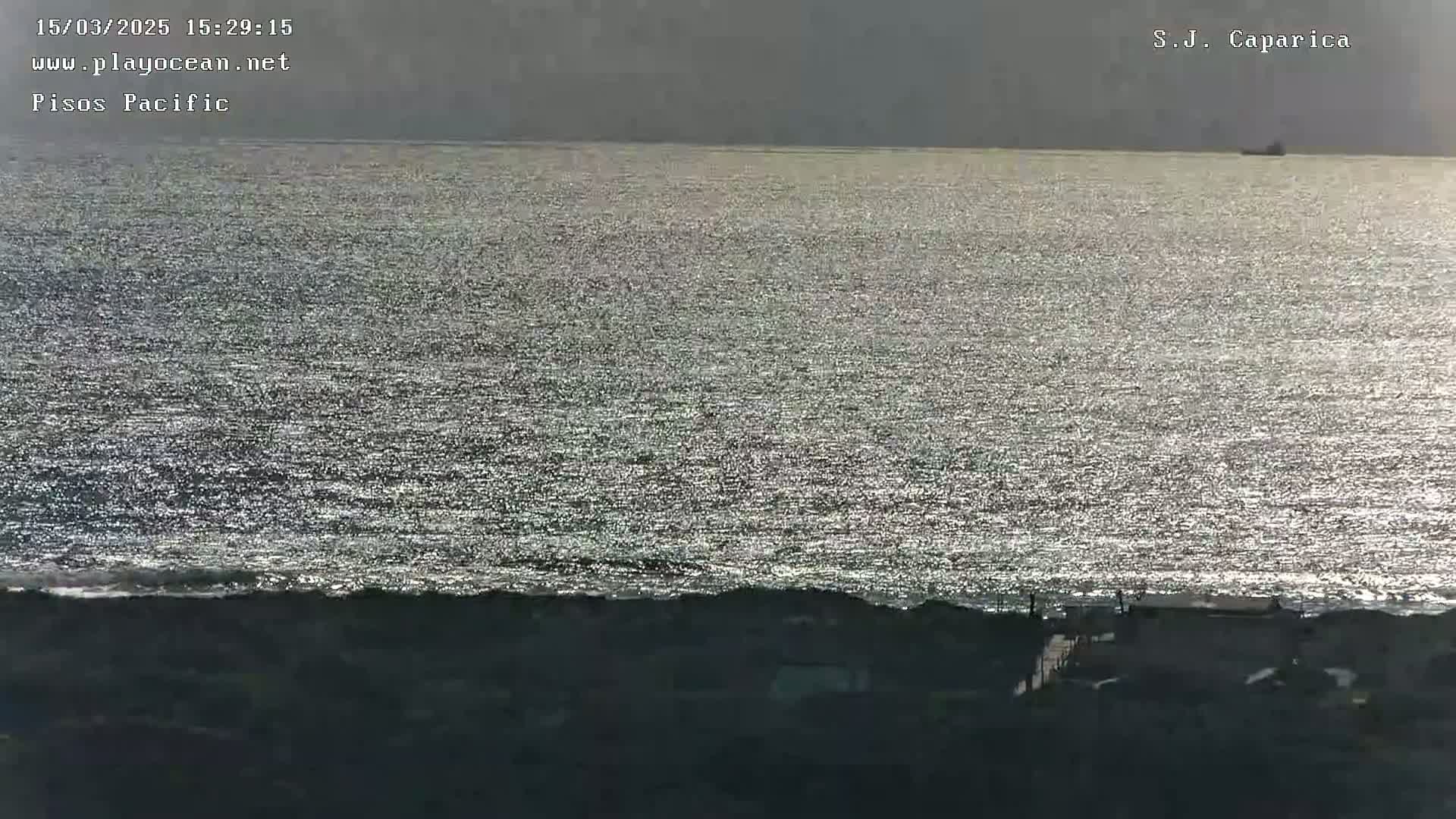 A sparkling expanse of ocean under an overcast sky meets a dark shoreline.
