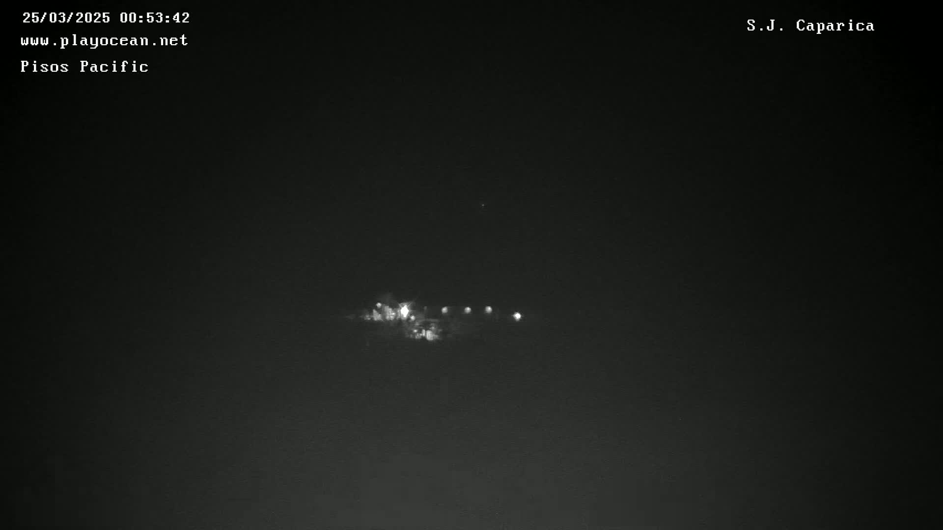 A nighttime, low-light image shows several lights in the distance on a dark, clear night.