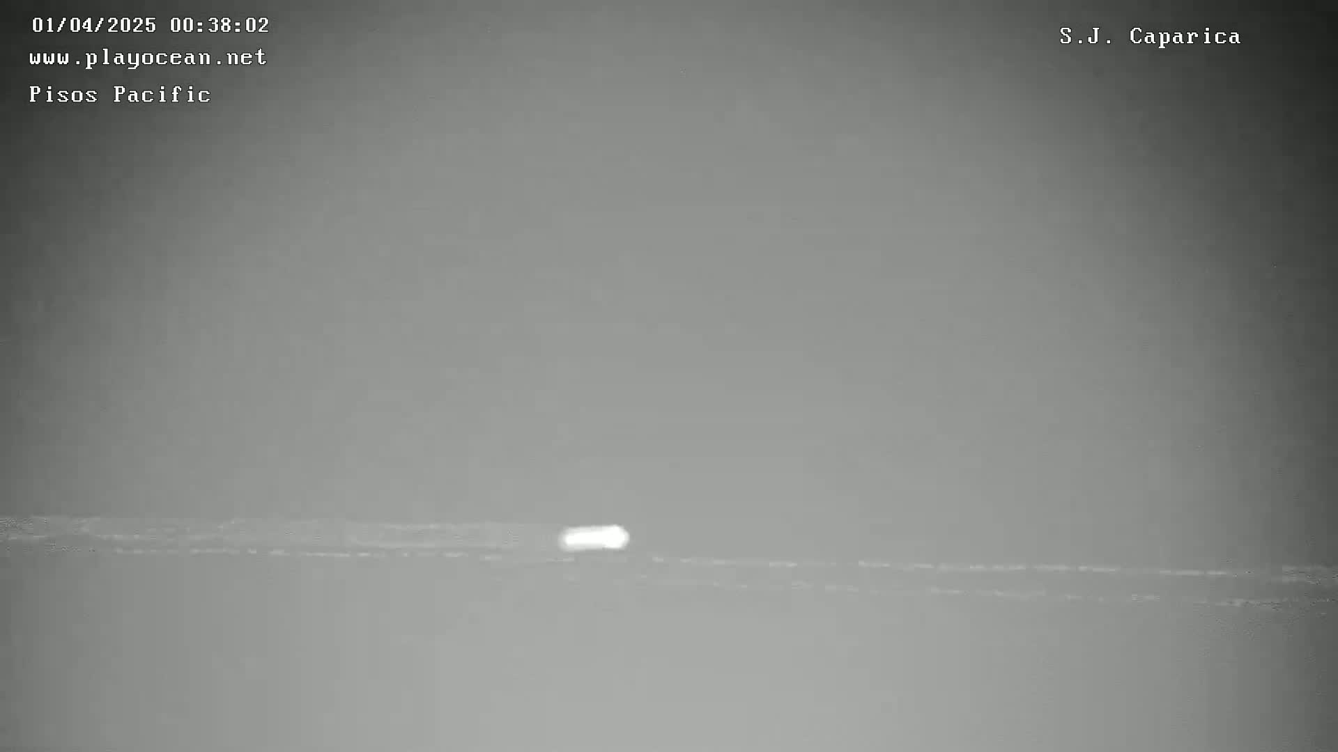 A low-light image shows a small, bright object on a flat, dark surface under an overcast sky.