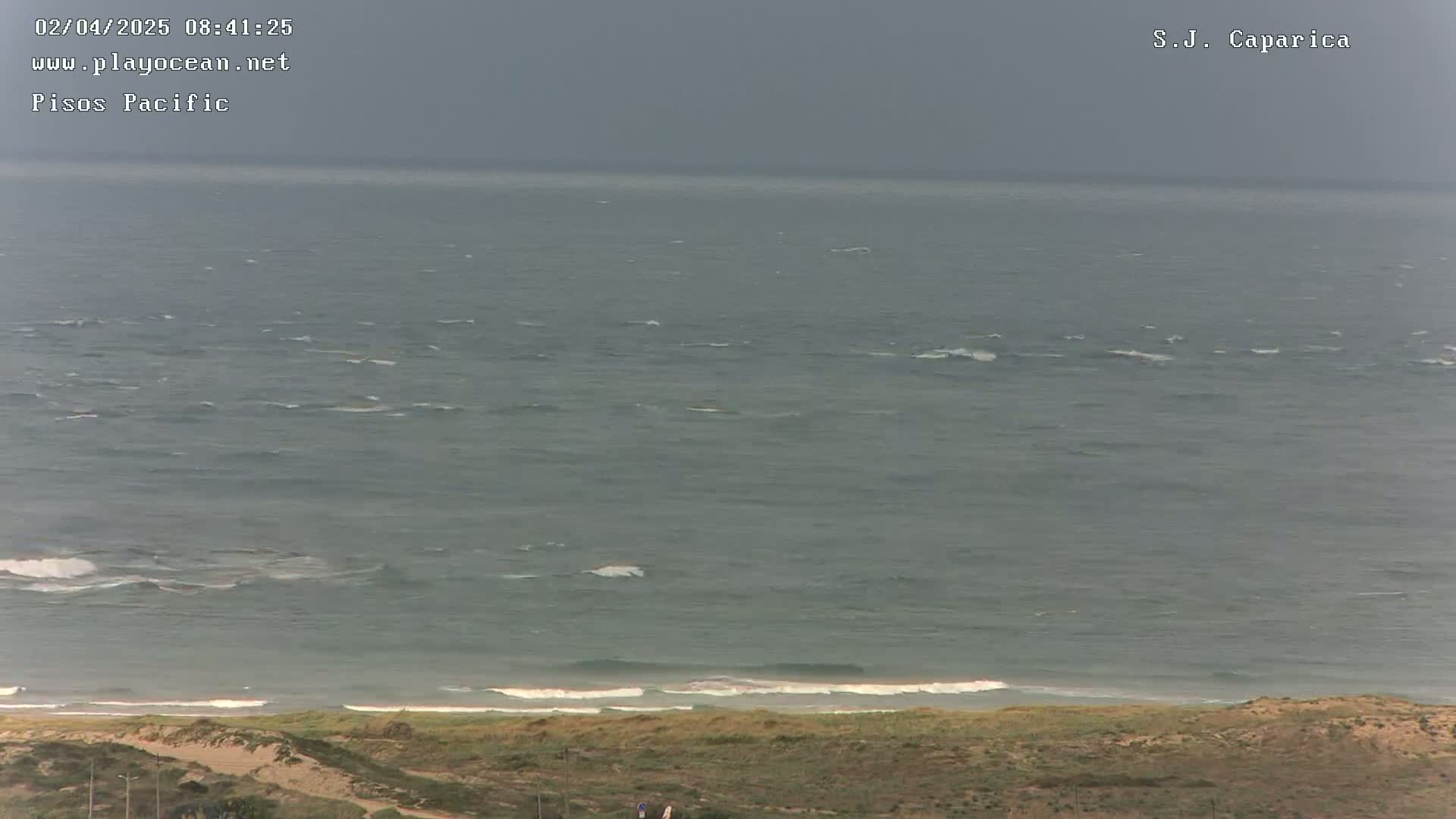 A view from a high vantage point shows a grey, overcast sky over a choppy ocean meeting a sandy coastline with sparse vegetation.