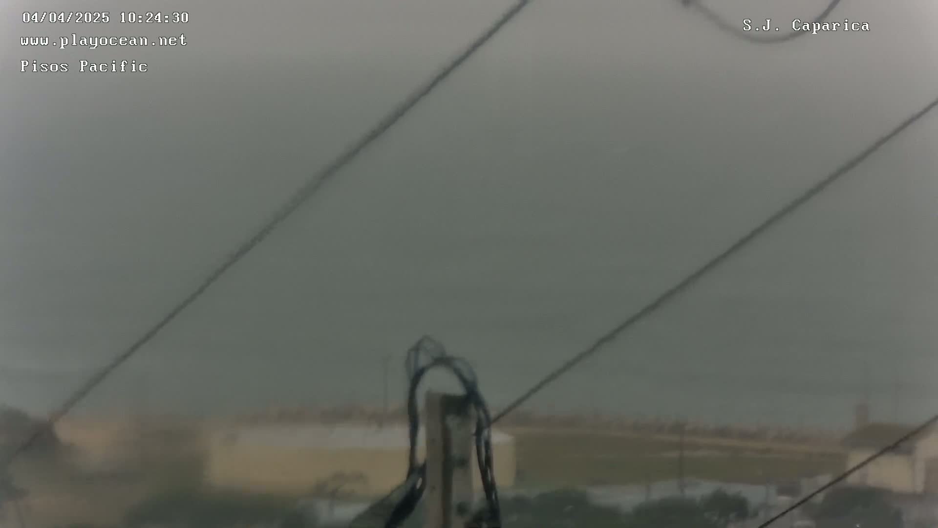 A view of a utility pole and power lines during a heavy downpour obscures a blurry background of buildings and vegetation.