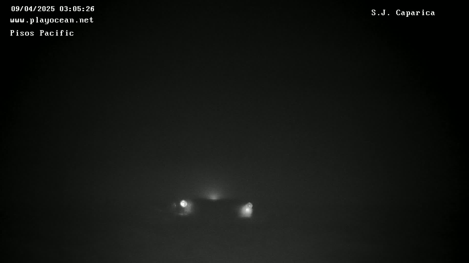 Headlights of a vehicle are faintly visible in the distance through a dense fog at night.
