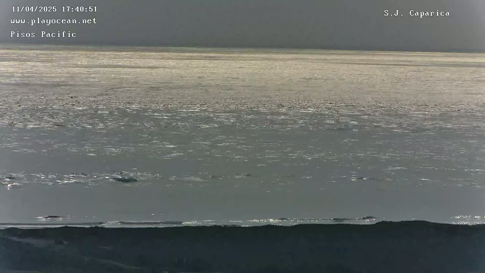 A mostly calm body of water stretches to the horizon under an overcast sky, with a dark shoreline visible in the bottom of the image.