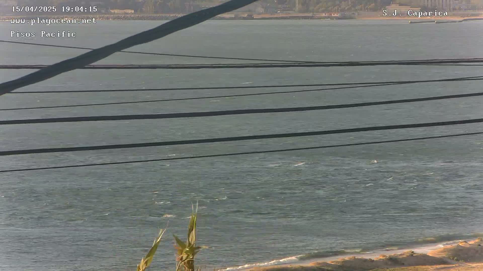 A slightly wavy body of water is seen from a distance, with a sandy shore and vegetation visible in the bottom right corner, and several dark lines crossing the image, likely wires, in front of the water.