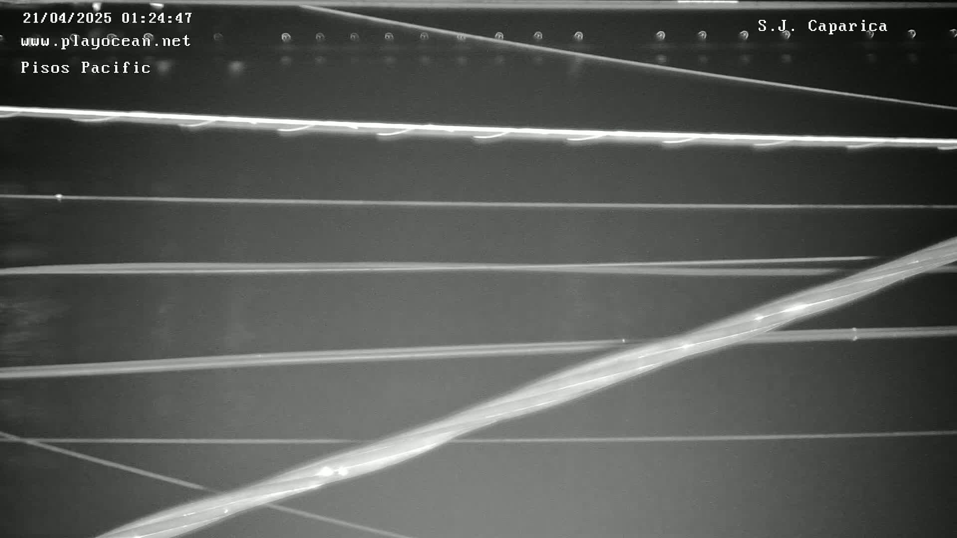 A nighttime, low-light image shows several bright lines crossing a dark gray surface.