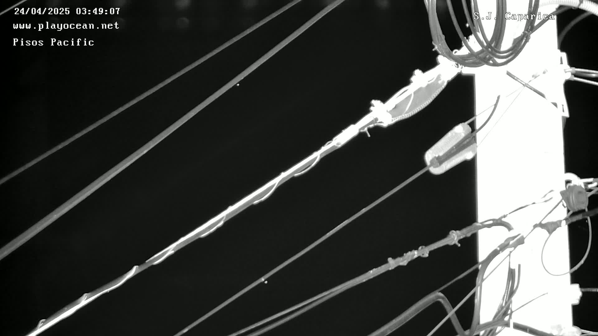 A nighttime, low-light image shows several electrical wires and cables attached to a utility pole.