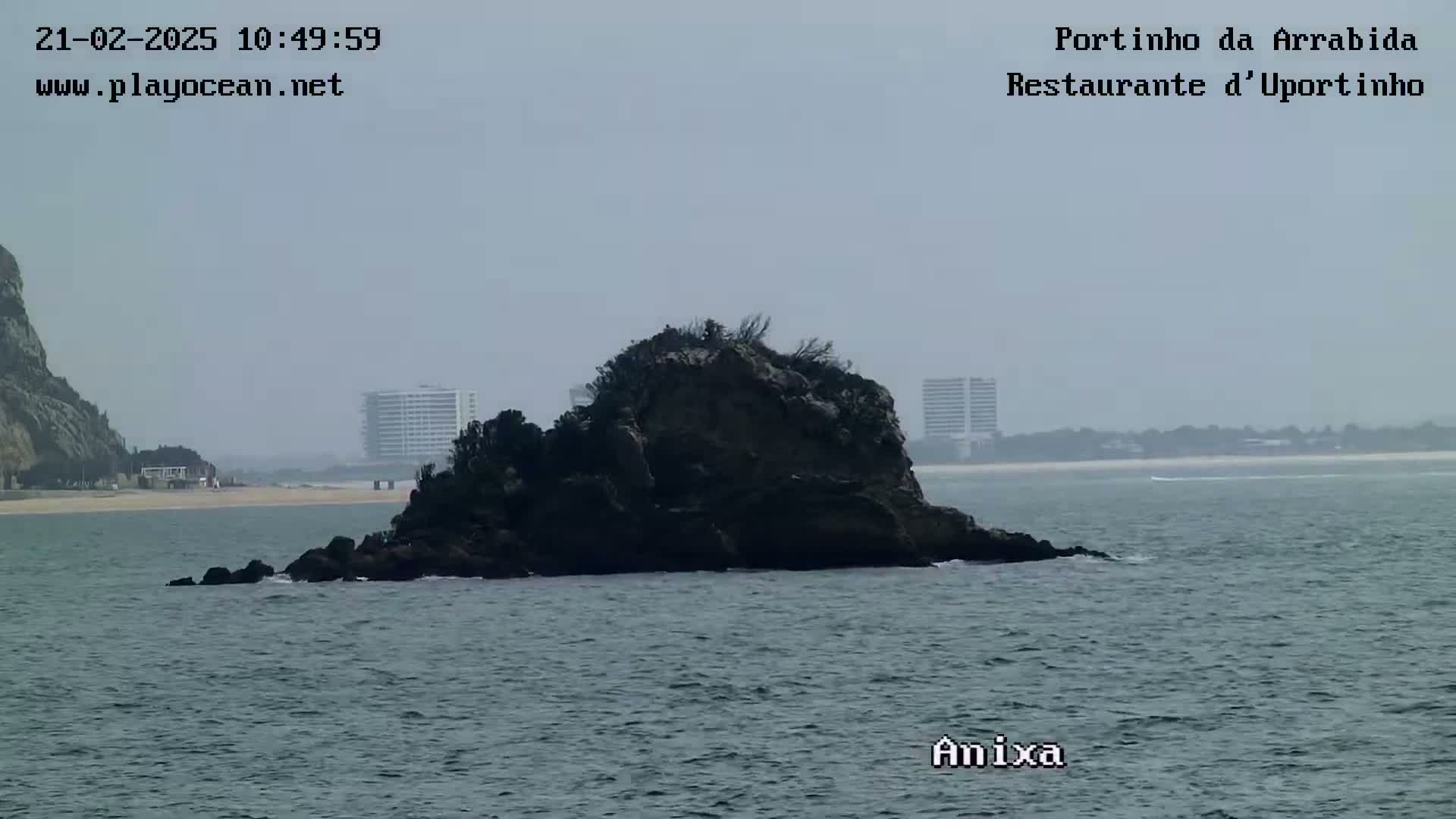 A hazy view shows a rocky islet in calm ocean water, with a beach and distant buildings visible in the background.