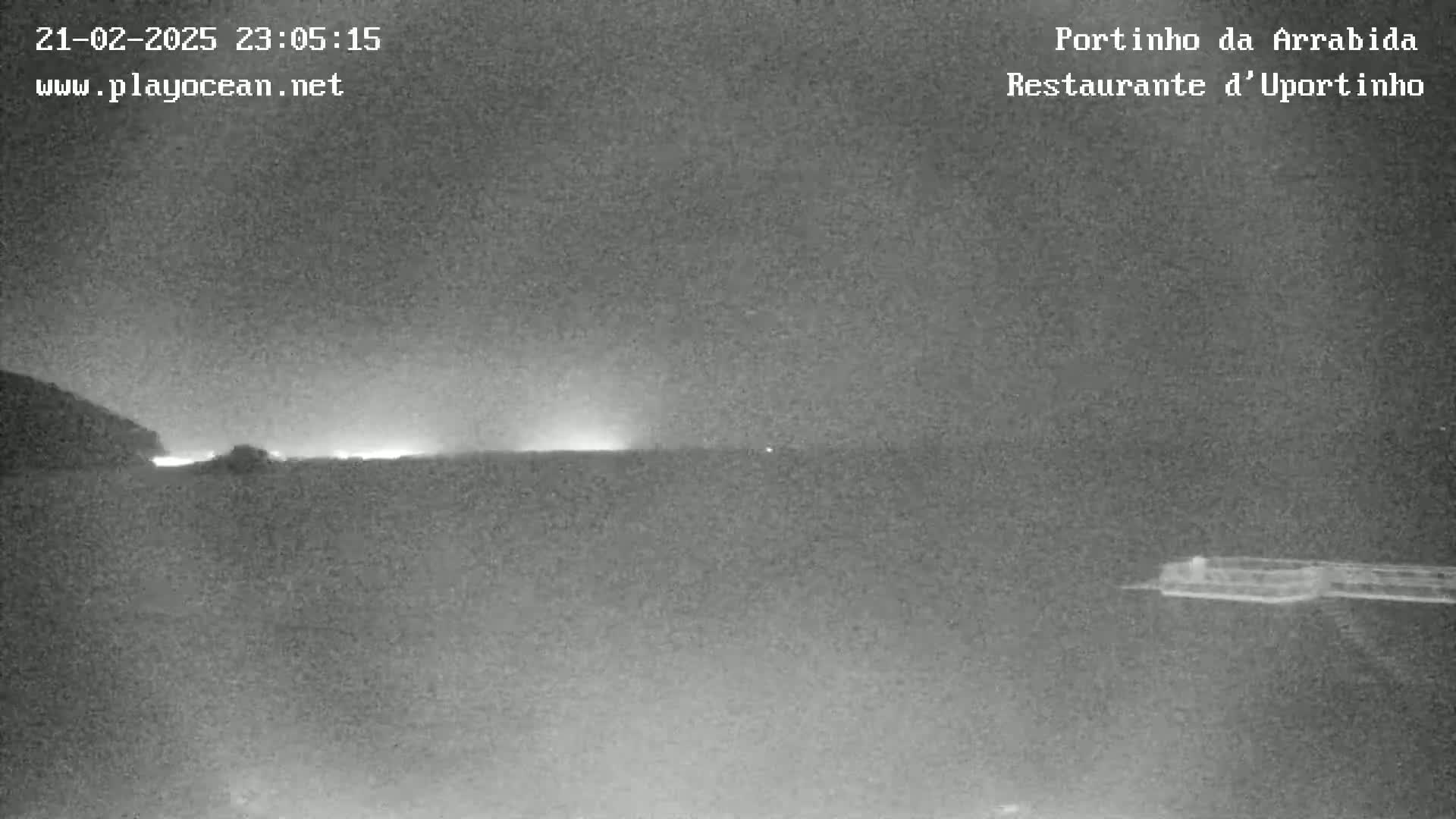 A nighttime, low-light image shows a dark body of water with a faintly illuminated horizon and a dark landmass to the left.