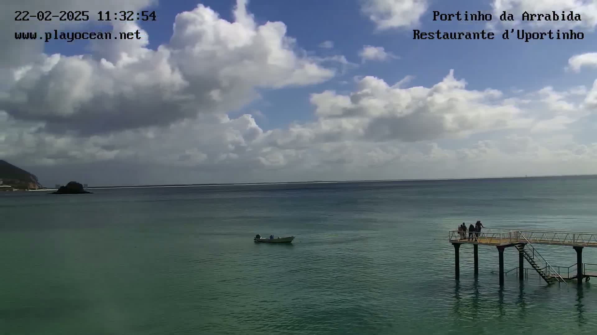 A partly cloudy day shows a calm, teal-colored ocean with a small boat, a pier with people on it, and a small island in the distance.