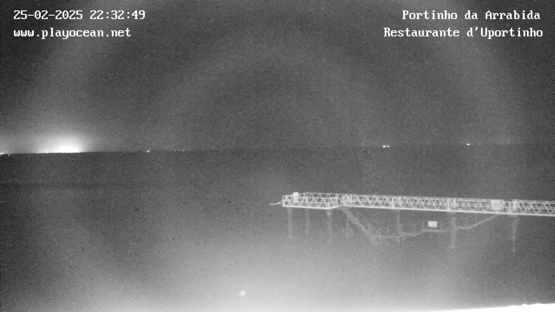 A nighttime, low-light image shows a raised platform or pier extending over a dark body of water, under a mostly clear sky with a bright horizon.