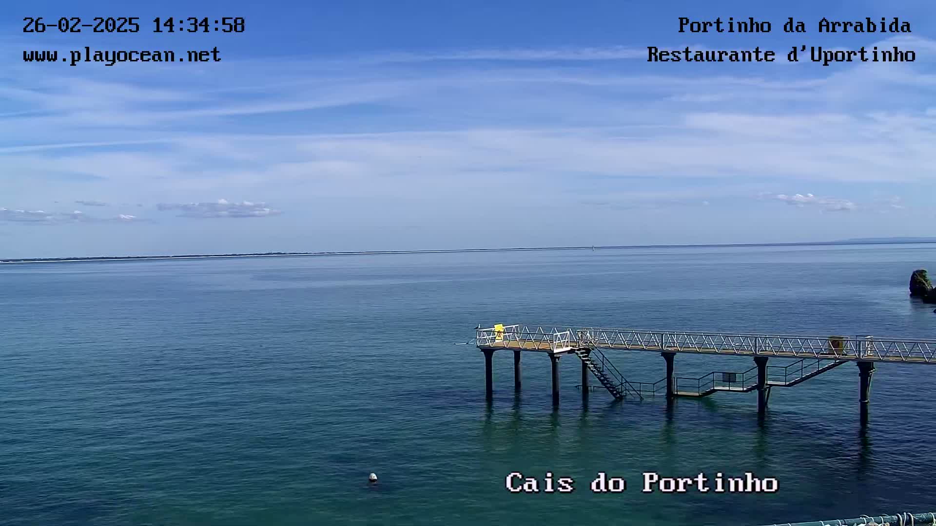 A pier extends over calm, blue water under a mostly clear sky with a few scattered clouds.