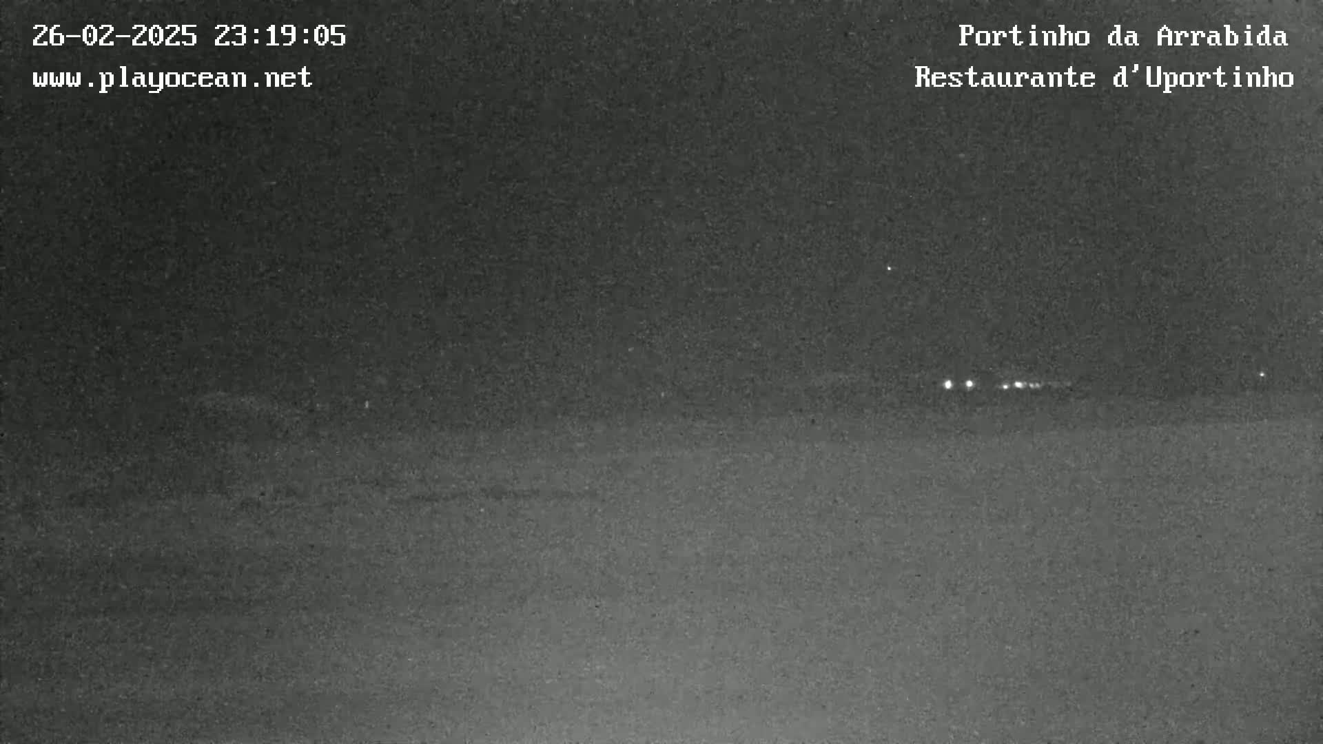 A nighttime, low-light view of a flat, dark landscape with a few distant lights visible on the horizon.