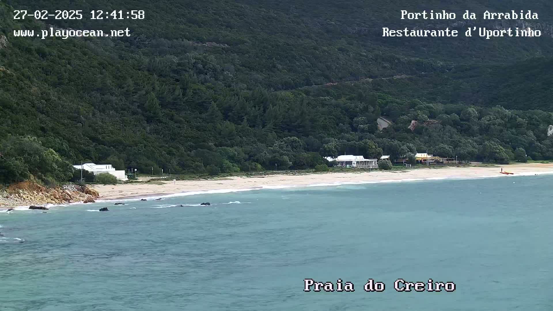 A sandy beach with calm water and several buildings sits below a lush green hillside.