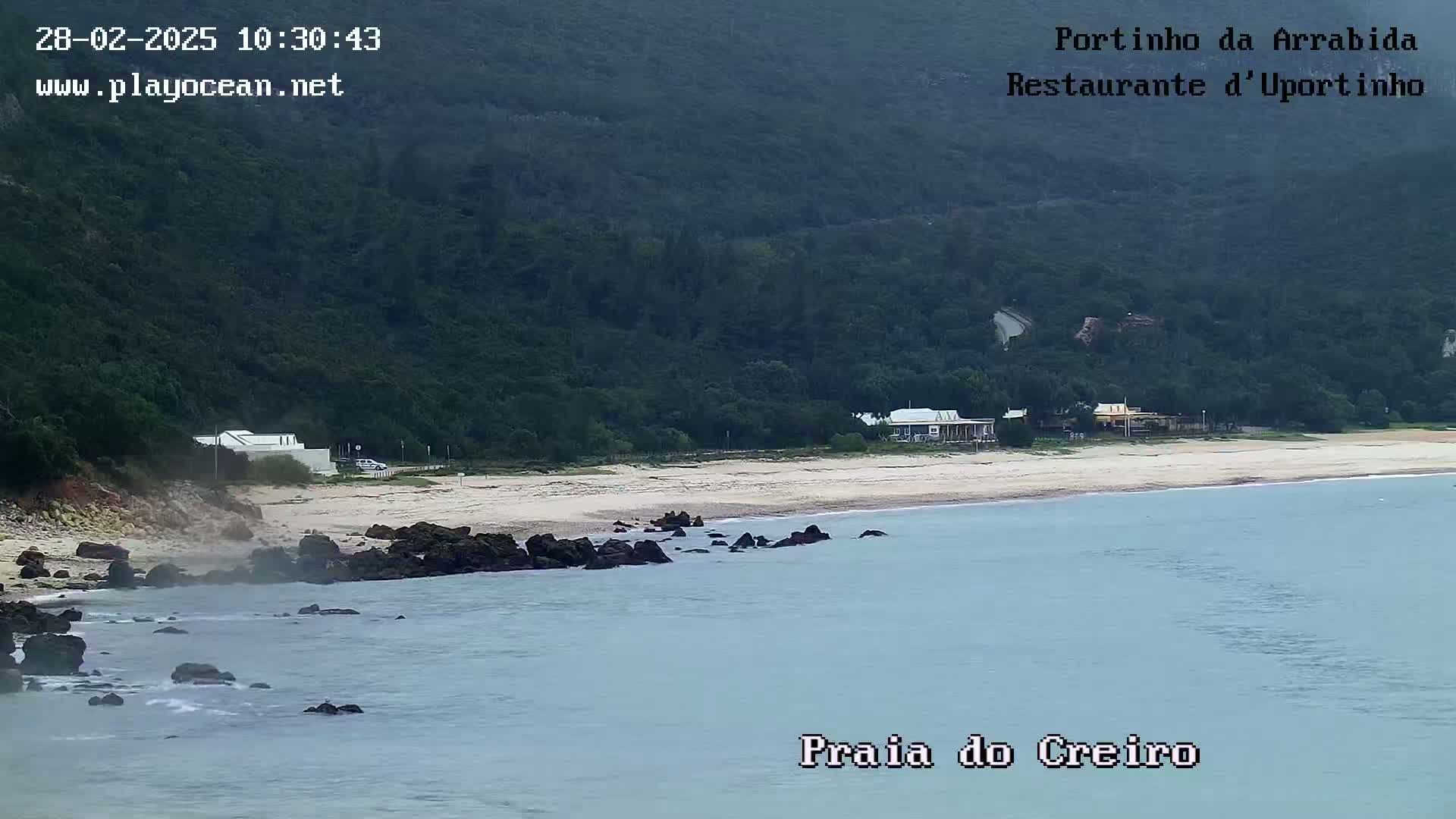 A sandy beach with calm, light-blue water is nestled below a verdant hillside under an overcast sky.