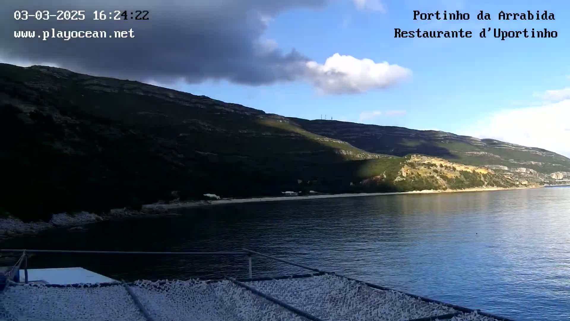 A partly cloudy day shows a calm body of water stretching to a green, mountainous shoreline.