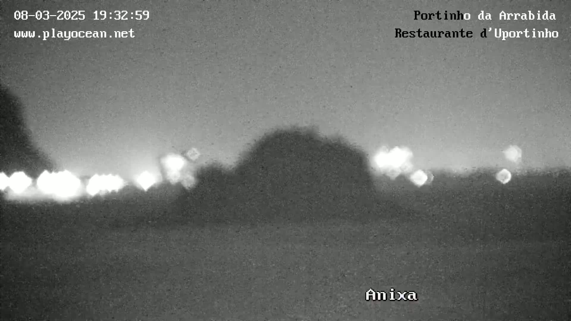 A nighttime, low-light grayscale image shows a dark, indistinct landscape with bright lights visible in the distance.