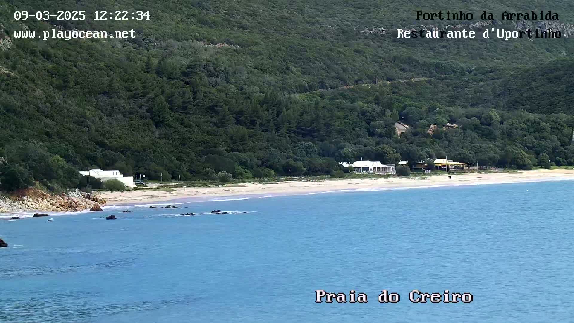 A sandy beach with calm blue water sits below a green, hilly landscape.
