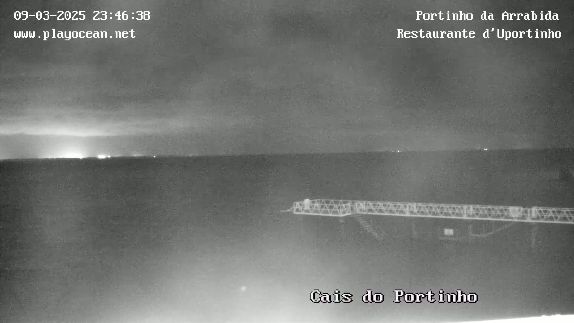 A nighttime, low-light image shows a dark body of water with a long, thin pier extending from the bottom of the frame, under a cloudy sky.