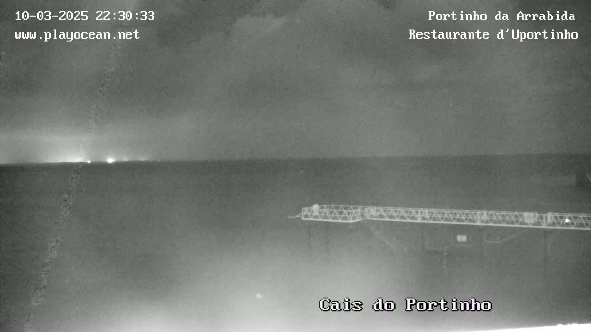 A nighttime, low-light image shows a dark body of water with a metal pier extending from the bottom right corner under a mostly cloudy sky.