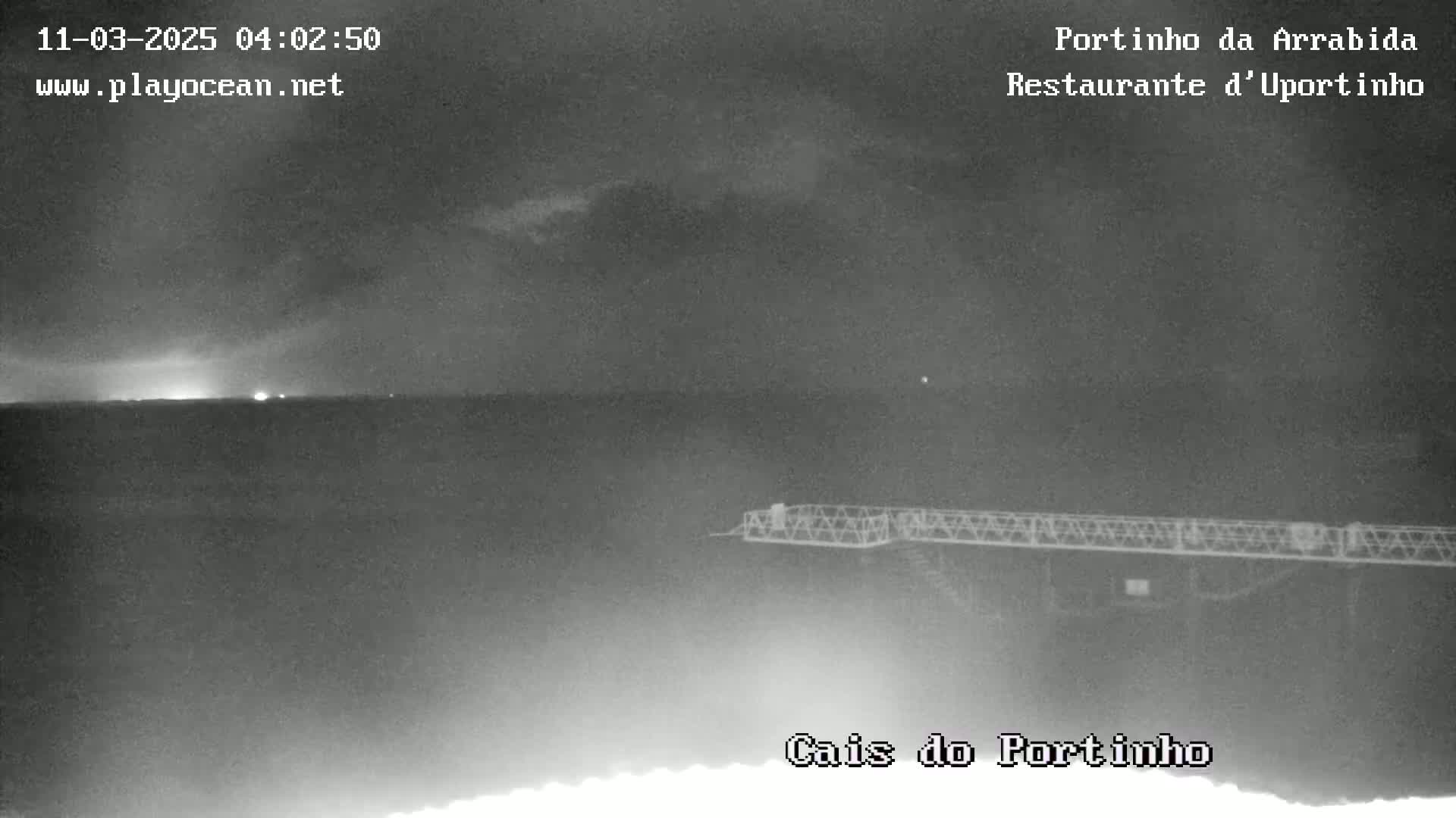 A nighttime, low-light image shows a dark body of water under a cloudy sky, with a metal structure in the foreground.