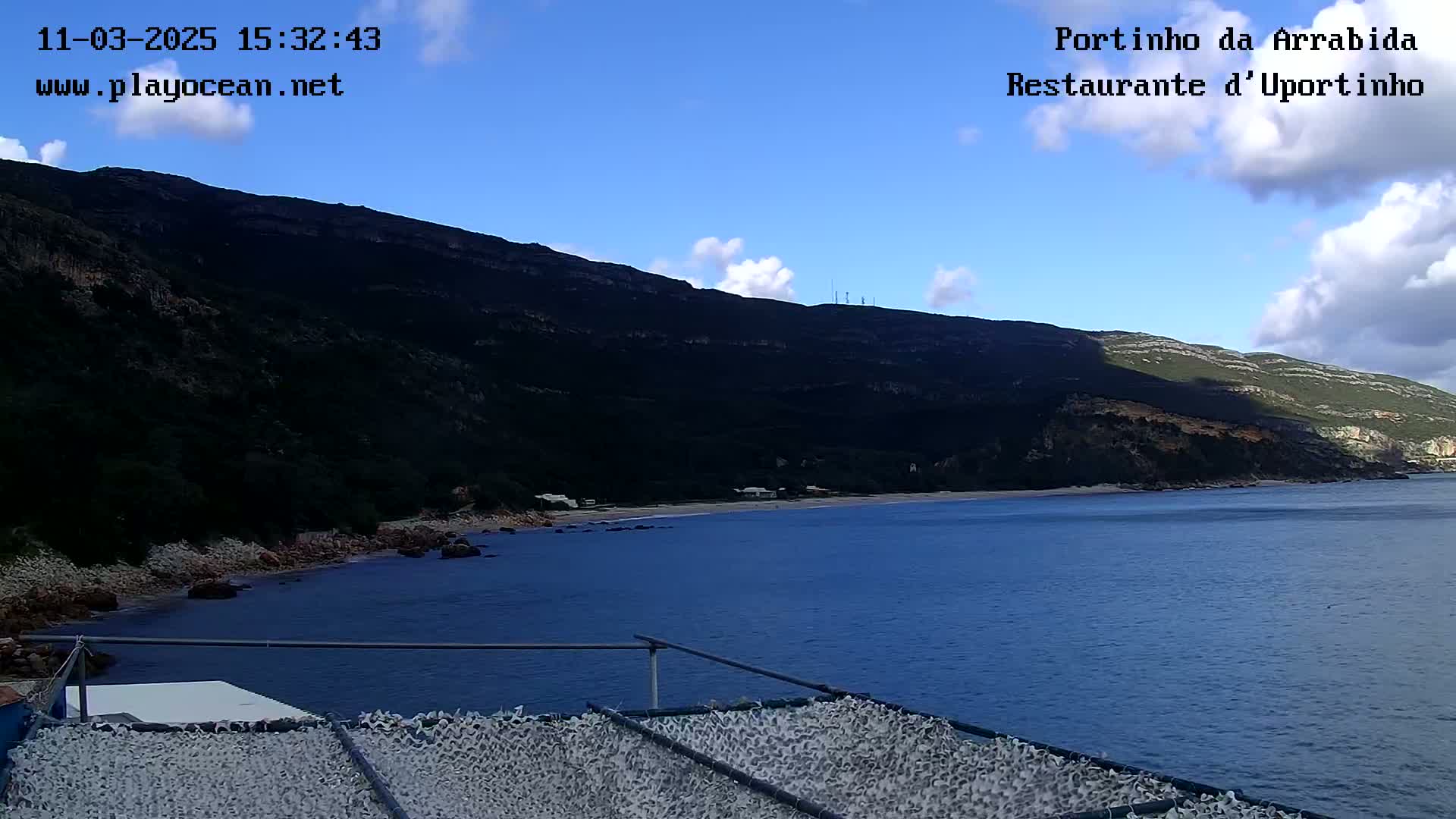 A partly cloudy day shows a view of a calm bay next to a rocky, dark-green mountain.