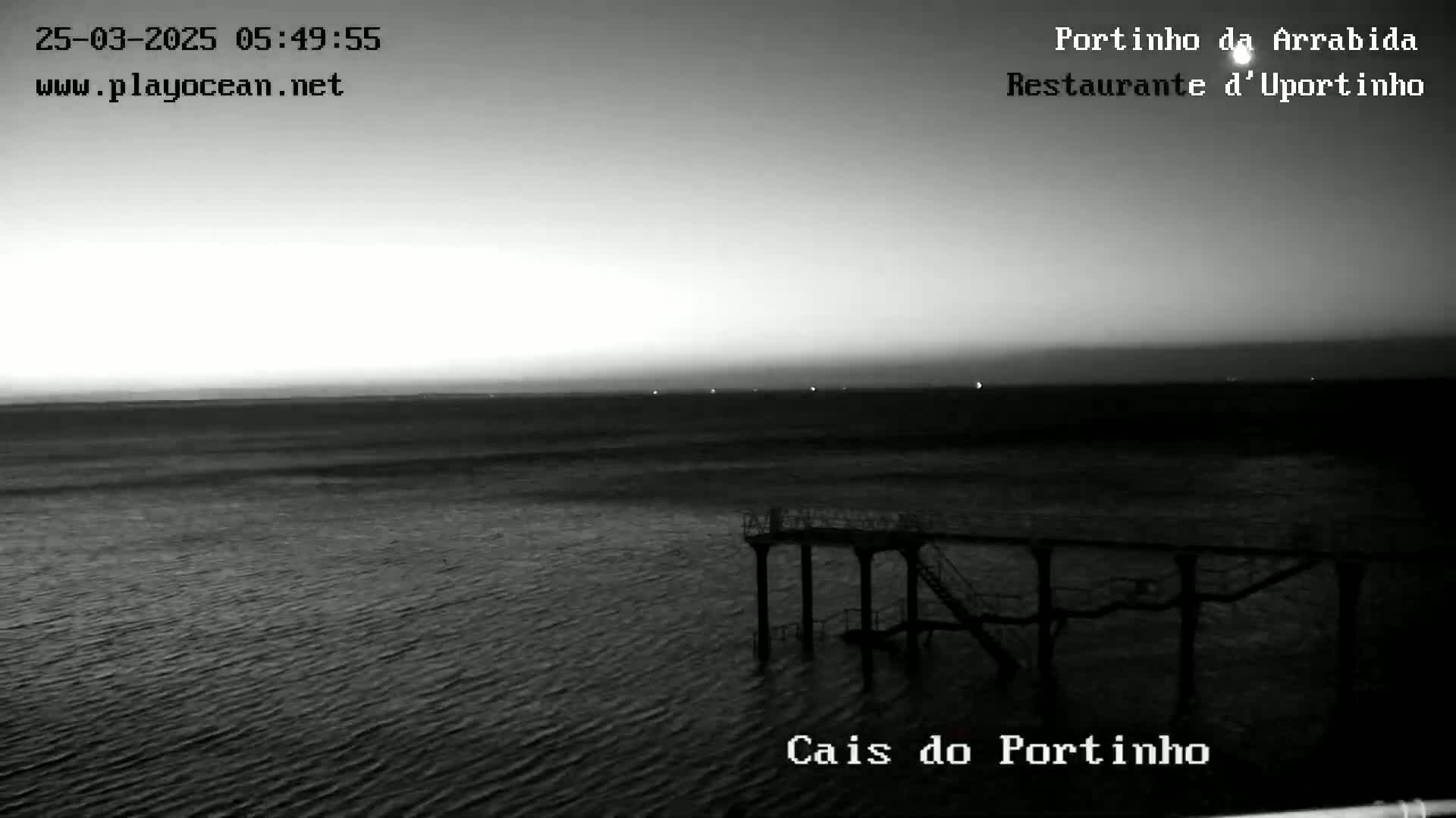A grayscale image shows a calm body of water at dawn with a pier extending into it.