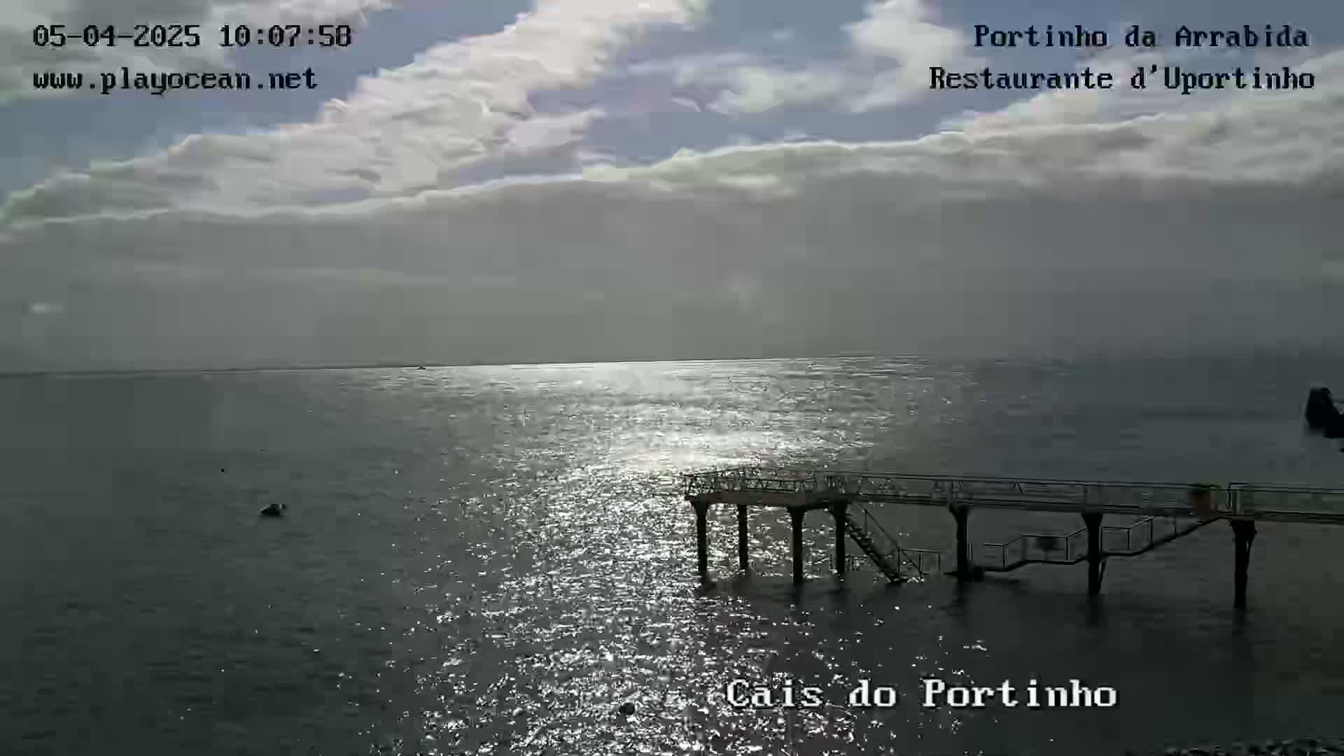A partly cloudy day shows a pier extending into a calm, sunlit body of water.