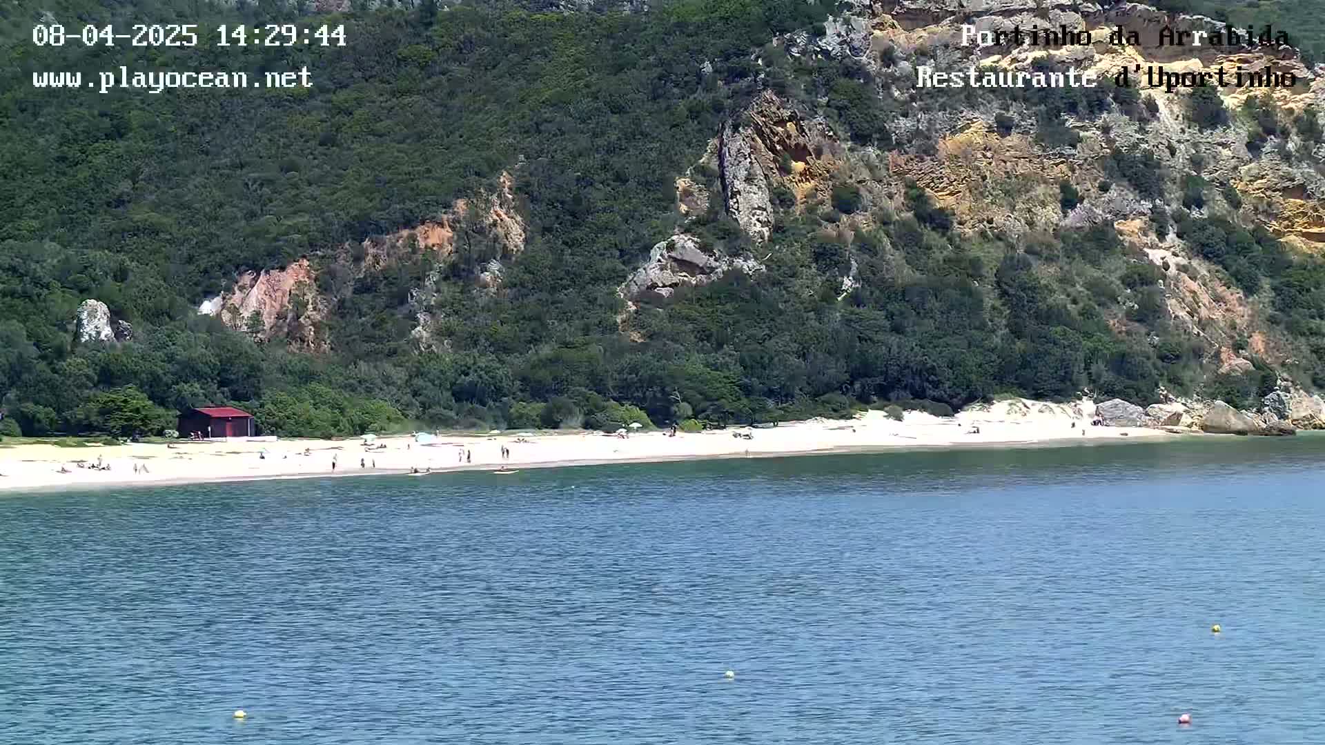 A sandy beach with a few people on it lies below a rocky, green hillside next to calm blue water.