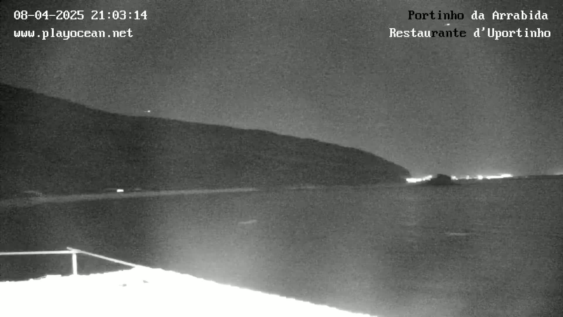 A nighttime, low-light image shows a dark body of water with a dark hill or mountain in the background and a few distant lights visible along the shoreline.
