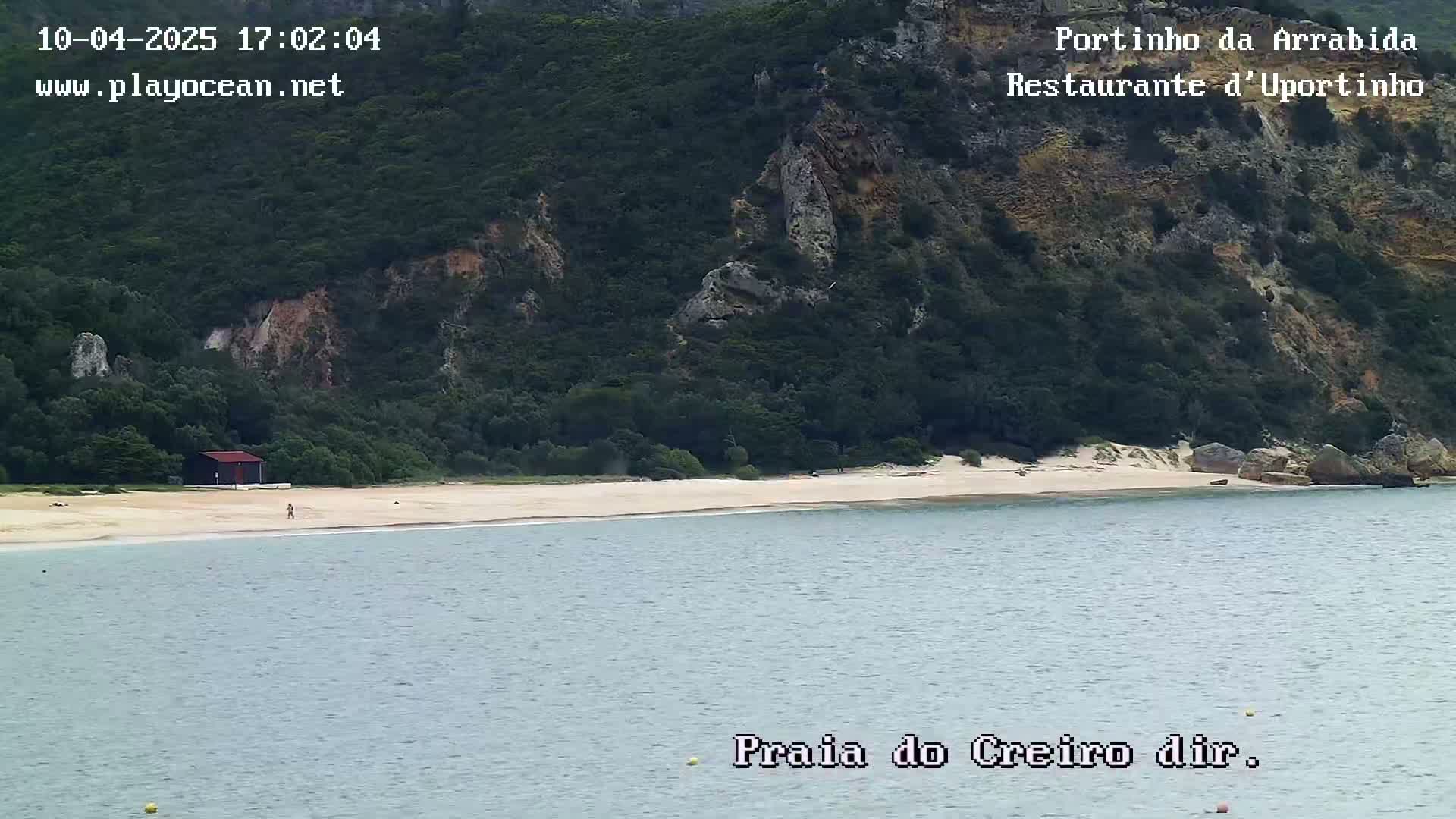 A sandy beach with calm water sits below a green, rocky hillside under a clear sky.