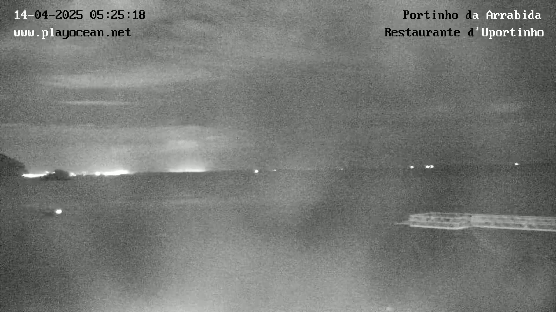 A nighttime, low-light image shows a dark body of water under an overcast sky, with a few faint lights visible on the horizon and in the foreground.