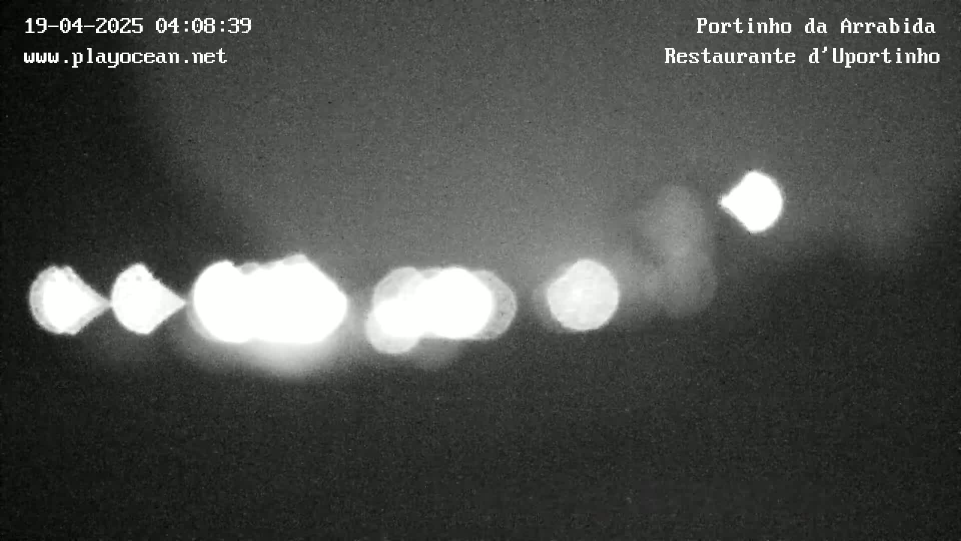 A nighttime, blurry image shows several out-of-focus bright lights in a dark setting.