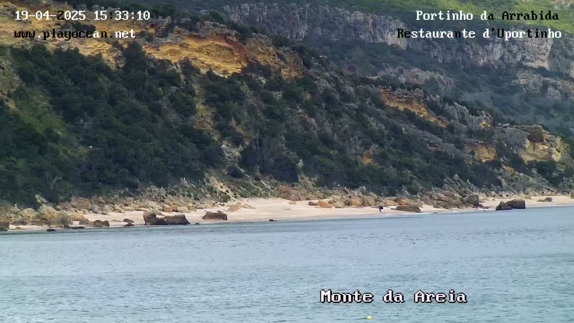 A sandy beach lies below a steep, rocky, green-covered cliff on a calm, sunny day.