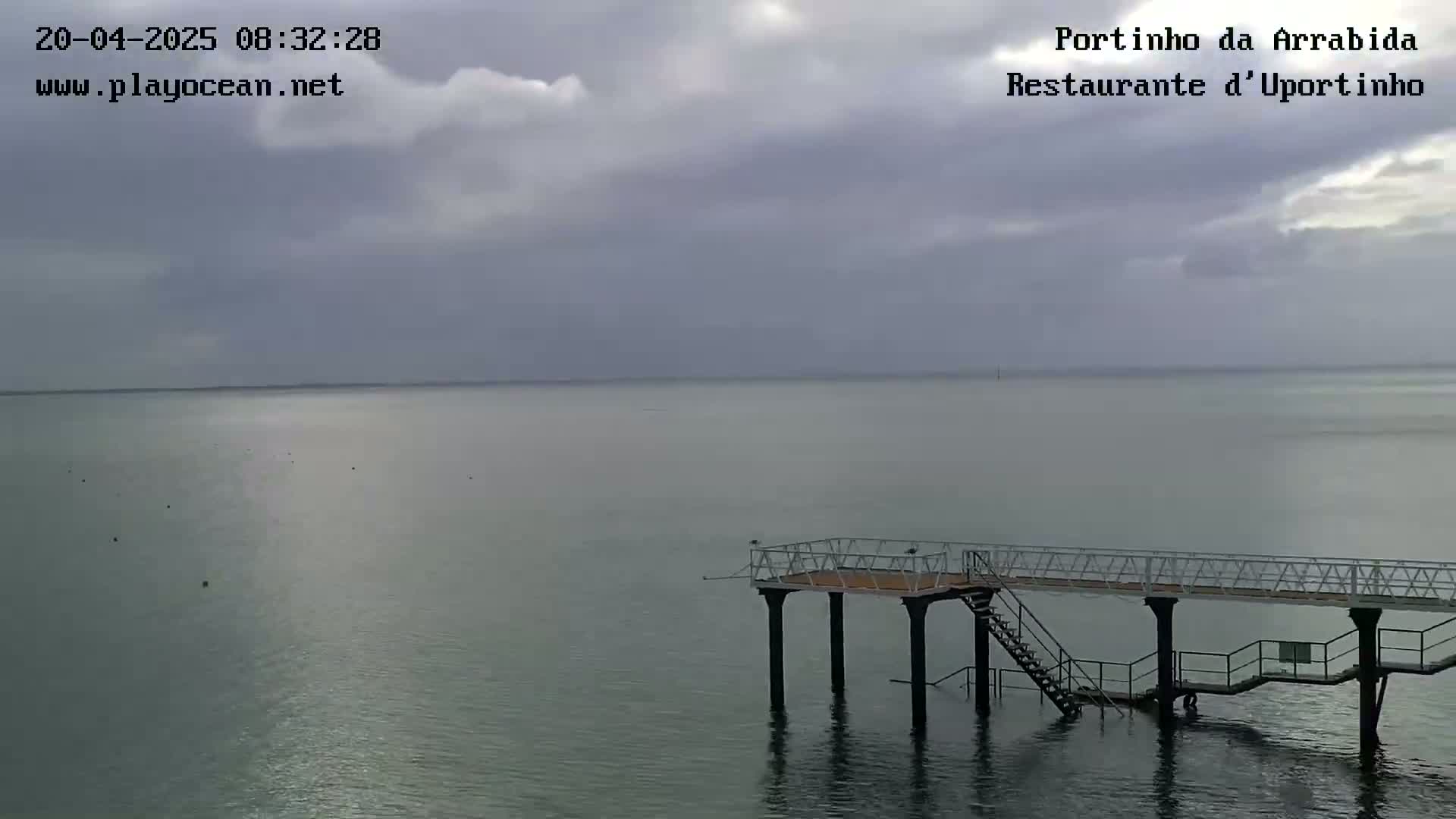 A small pier extends into a calm body of water under an overcast sky.